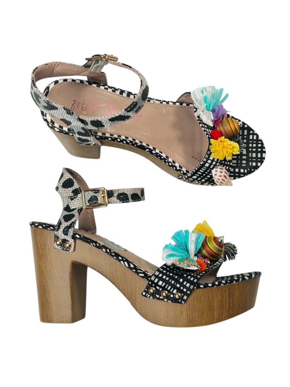 Betsey Johnson Jillie Sandals Mixed Print Gingham Embellished Shell Heels 6